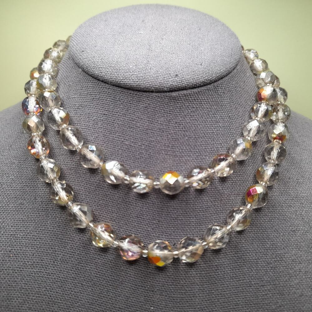 Vintage AB Glass Bead Necklace 30" Double Strand Czech Style 10mm